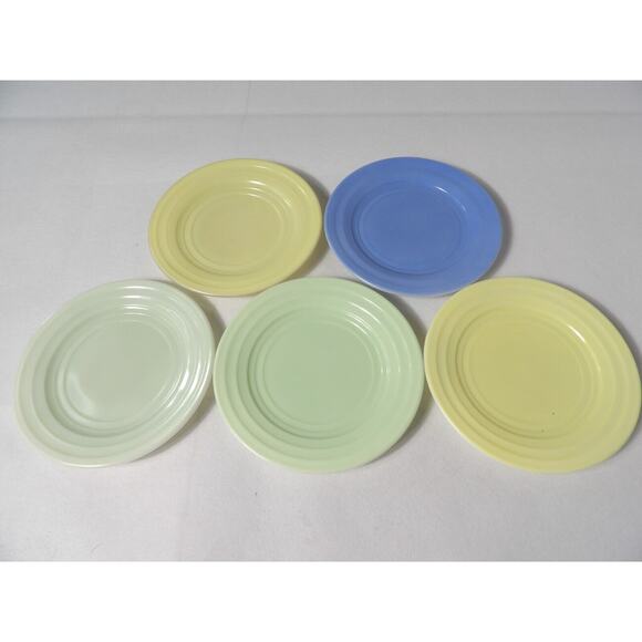Vintage Hazel Atlas Moderntone Platonite Bread Plates 6.75" Yellow Green 5 Pc - Picture 2 of 11